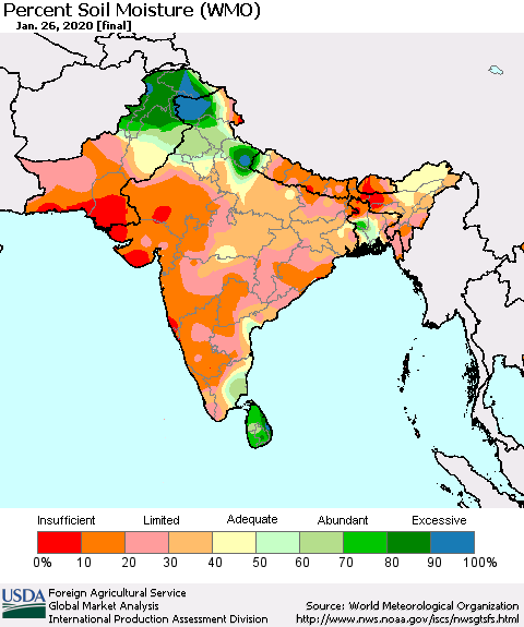 Southern Asia Percent Soil Moisture (WMO) Thematic Map For 1/20/2020 - 1/26/2020