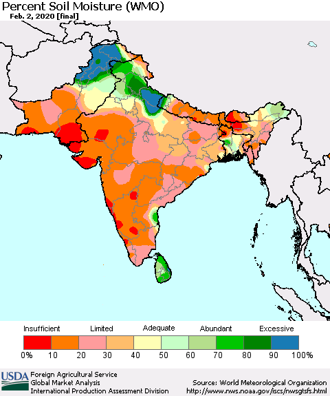 Southern Asia Percent Soil Moisture (WMO) Thematic Map For 1/27/2020 - 2/2/2020