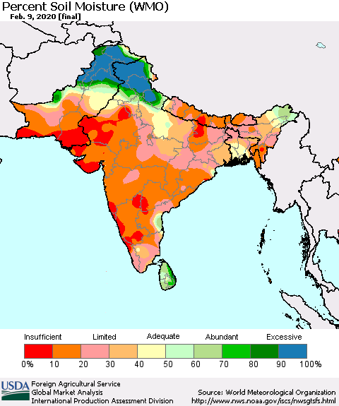 Southern Asia Percent Soil Moisture (WMO) Thematic Map For 2/3/2020 - 2/9/2020