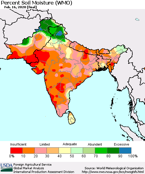 Southern Asia Percent Soil Moisture (WMO) Thematic Map For 2/10/2020 - 2/16/2020