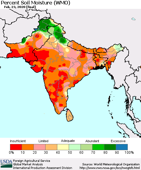 Southern Asia Percent Soil Moisture (WMO) Thematic Map For 2/17/2020 - 2/23/2020