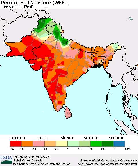Southern Asia Percent Soil Moisture (WMO) Thematic Map For 2/24/2020 - 3/1/2020