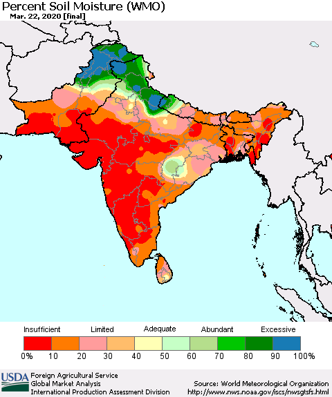 Southern Asia Percent Soil Moisture (WMO) Thematic Map For 3/16/2020 - 3/22/2020
