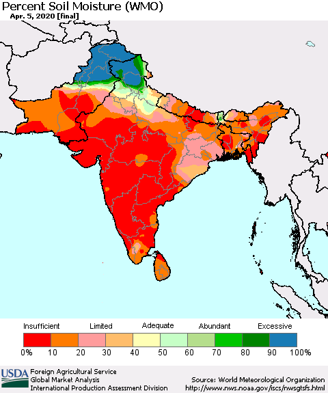 Southern Asia Percent Soil Moisture (WMO) Thematic Map For 3/30/2020 - 4/5/2020
