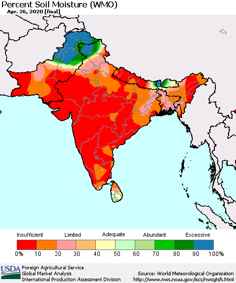 Southern Asia Percent Soil Moisture (WMO) Thematic Map For 4/20/2020 - 4/26/2020