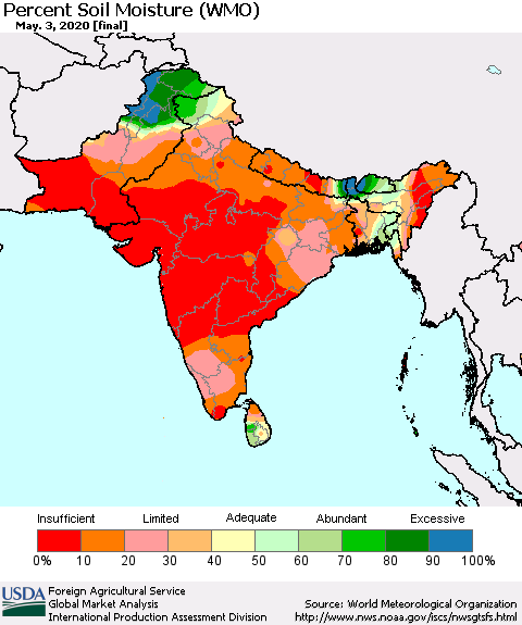Southern Asia Percent Soil Moisture (WMO) Thematic Map For 4/27/2020 - 5/3/2020