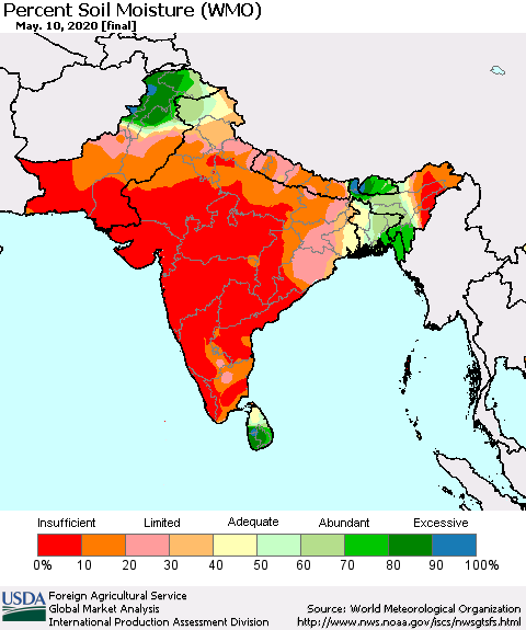 Southern Asia Percent Soil Moisture (WMO) Thematic Map For 5/4/2020 - 5/10/2020