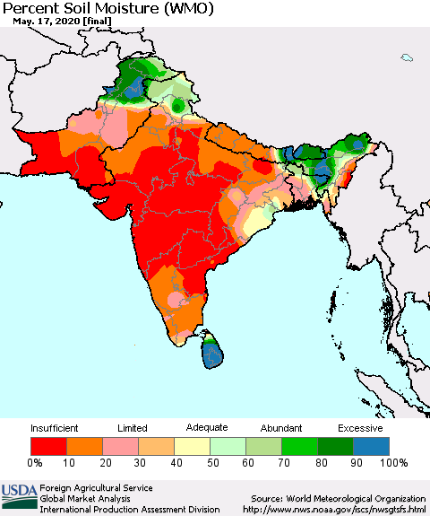 Southern Asia Percent Soil Moisture (WMO) Thematic Map For 5/11/2020 - 5/17/2020