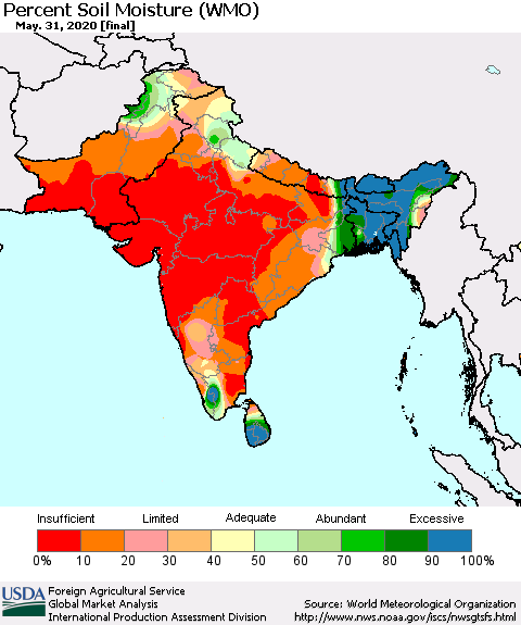 Southern Asia Percent Soil Moisture (WMO) Thematic Map For 5/25/2020 - 5/31/2020