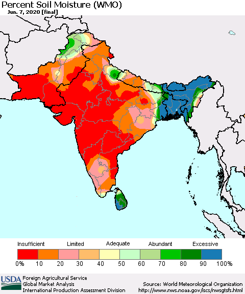 Southern Asia Percent Soil Moisture (WMO) Thematic Map For 6/1/2020 - 6/7/2020