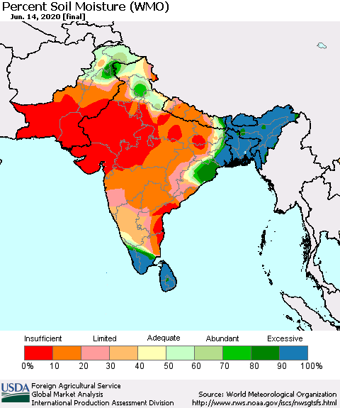 Southern Asia Percent Soil Moisture (WMO) Thematic Map For 6/8/2020 - 6/14/2020