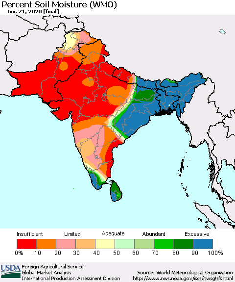 Southern Asia Percent Soil Moisture (WMO) Thematic Map For 6/15/2020 - 6/21/2020