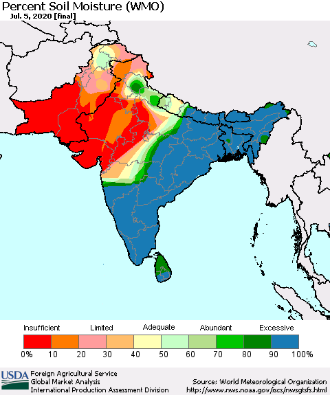 Southern Asia Percent Soil Moisture (WMO) Thematic Map For 6/29/2020 - 7/5/2020