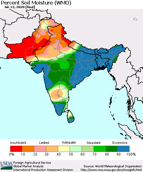 Southern Asia Percent Soil Moisture (WMO) Thematic Map For 7/6/2020 - 7/12/2020