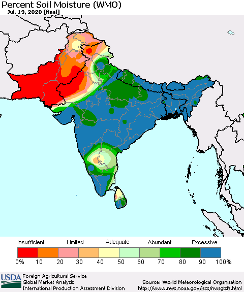 Southern Asia Percent Soil Moisture (WMO) Thematic Map For 7/13/2020 - 7/19/2020