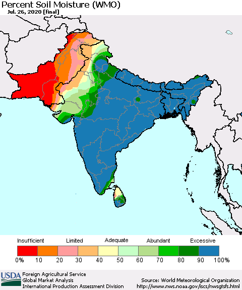 Southern Asia Percent Soil Moisture (WMO) Thematic Map For 7/20/2020 - 7/26/2020