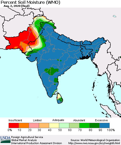 Southern Asia Percent Soil Moisture (WMO) Thematic Map For 7/27/2020 - 8/2/2020
