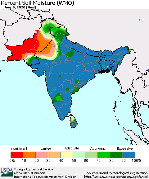 Southern Asia Percent Soil Moisture (WMO) Thematic Map For 8/3/2020 - 8/9/2020