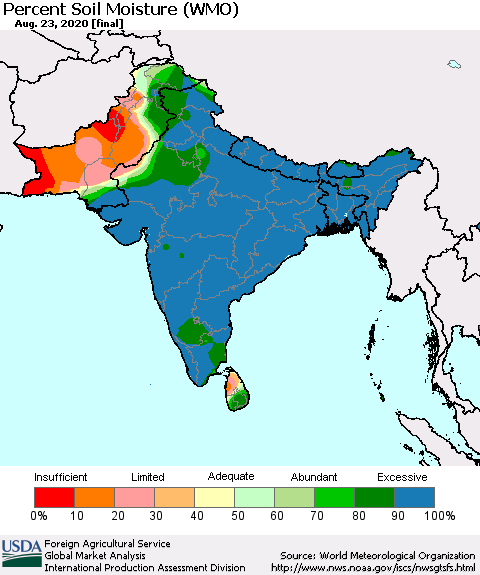 Southern Asia Percent Soil Moisture (WMO) Thematic Map For 8/17/2020 - 8/23/2020