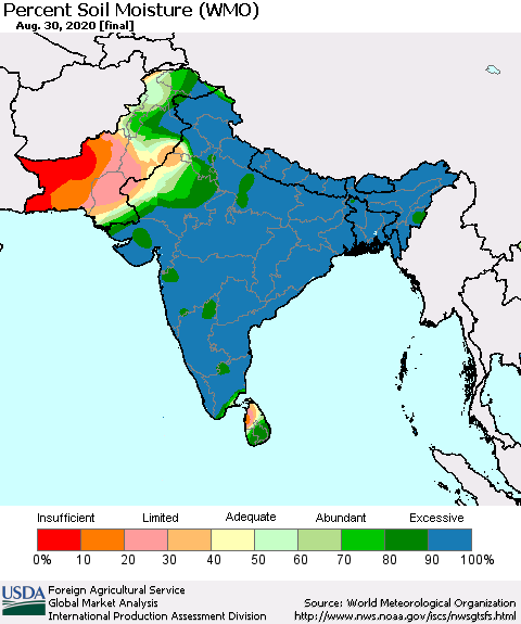 Southern Asia Percent Soil Moisture (WMO) Thematic Map For 8/24/2020 - 8/30/2020