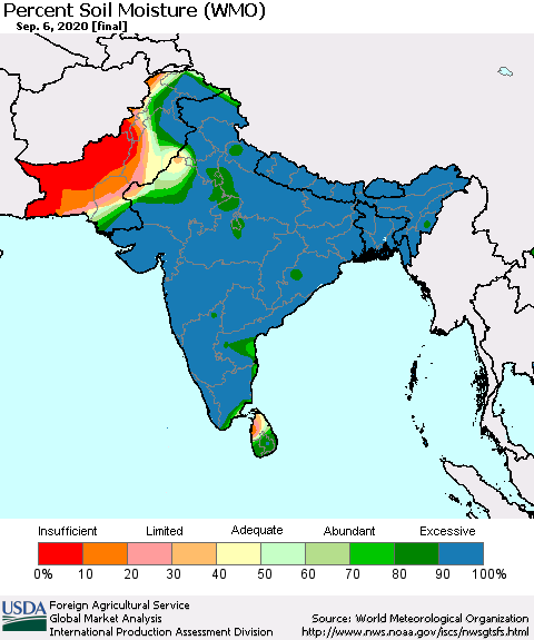 Southern Asia Percent Soil Moisture (WMO) Thematic Map For 8/31/2020 - 9/6/2020