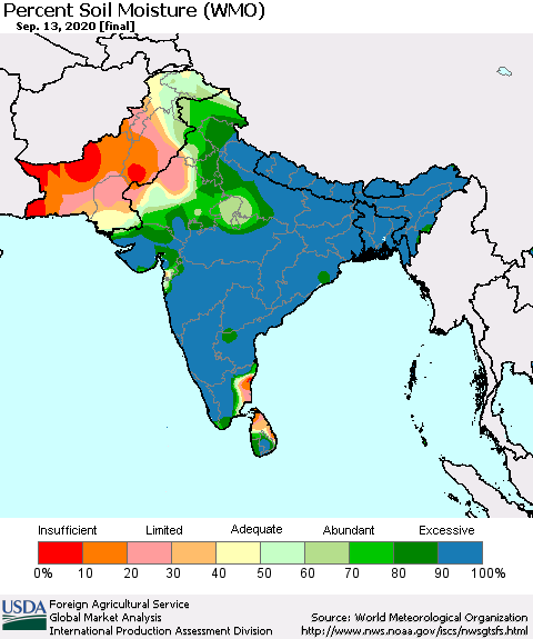 Southern Asia Percent Soil Moisture (WMO) Thematic Map For 9/7/2020 - 9/13/2020