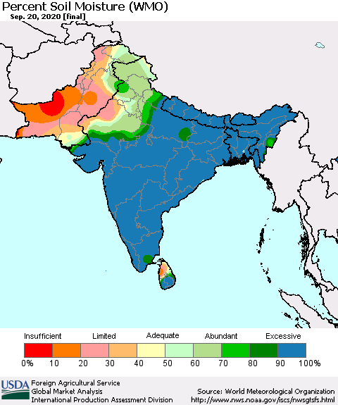 Southern Asia Percent Soil Moisture (WMO) Thematic Map For 9/14/2020 - 9/20/2020