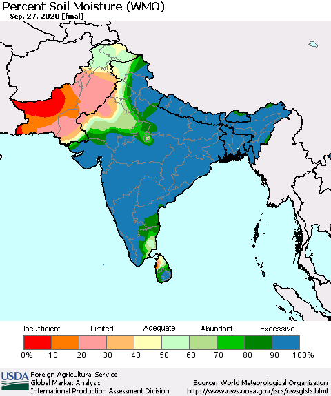 Southern Asia Percent Soil Moisture (WMO) Thematic Map For 9/21/2020 - 9/27/2020