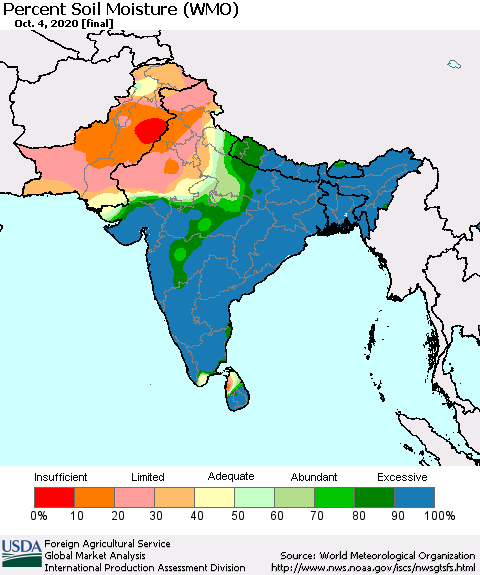 Southern Asia Percent Soil Moisture (WMO) Thematic Map For 9/28/2020 - 10/4/2020