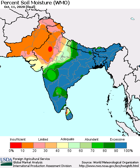 Southern Asia Percent Soil Moisture (WMO) Thematic Map For 10/5/2020 - 10/11/2020