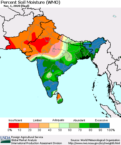 Southern Asia Percent Soil Moisture (WMO) Thematic Map For 10/26/2020 - 11/1/2020