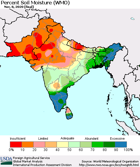 Southern Asia Percent Soil Moisture (WMO) Thematic Map For 11/2/2020 - 11/8/2020
