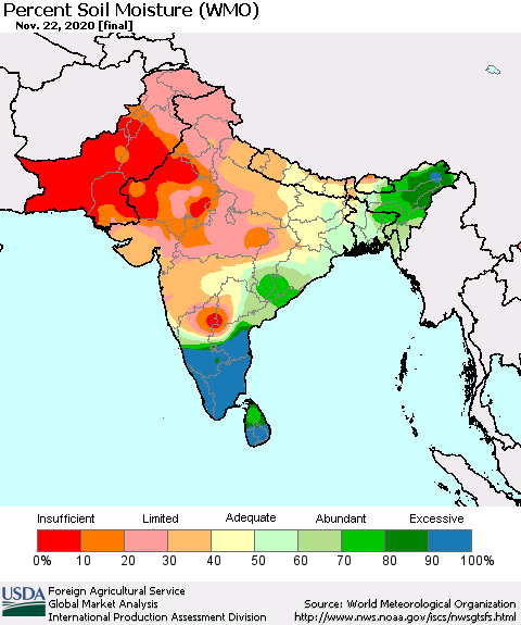 Southern Asia Percent Soil Moisture (WMO) Thematic Map For 11/16/2020 - 11/22/2020