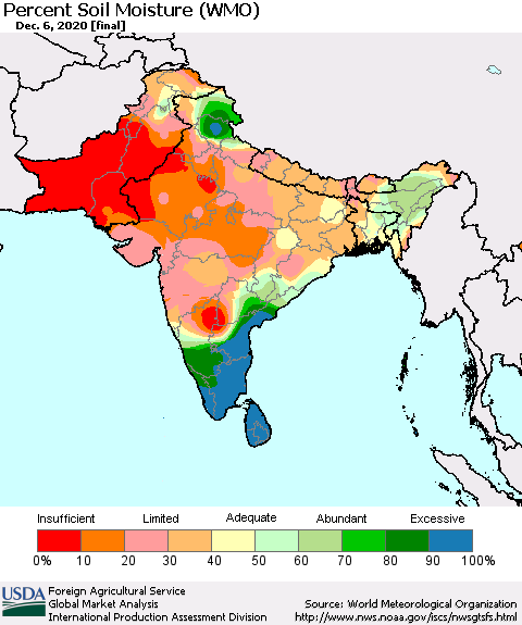 Southern Asia Percent Soil Moisture (WMO) Thematic Map For 11/30/2020 - 12/6/2020