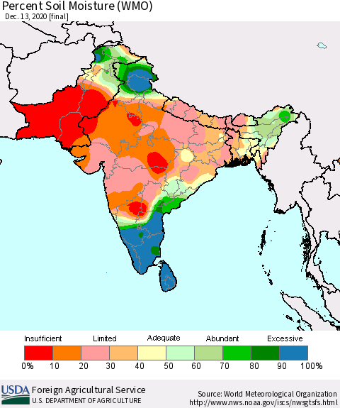 Southern Asia Percent Soil Moisture (WMO) Thematic Map For 12/7/2020 - 12/13/2020