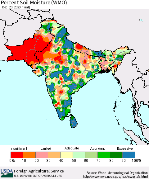 Southern Asia Percent Soil Moisture (WMO) Thematic Map For 12/14/2020 - 12/20/2020