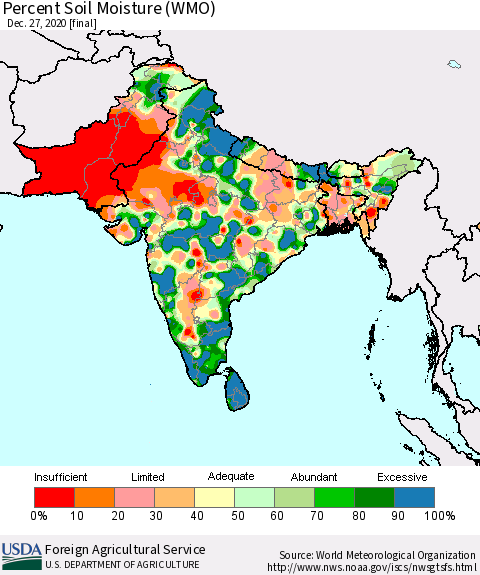 Southern Asia Percent Soil Moisture (WMO) Thematic Map For 12/21/2020 - 12/27/2020