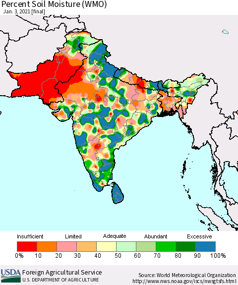 Southern Asia Percent Soil Moisture (WMO) Thematic Map For 12/28/2020 - 1/3/2021