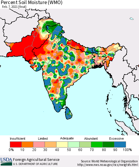 Southern Asia Percent Soil Moisture (WMO) Thematic Map For 2/1/2021 - 2/7/2021