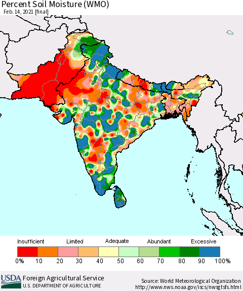 Southern Asia Percent Soil Moisture (WMO) Thematic Map For 2/8/2021 - 2/14/2021
