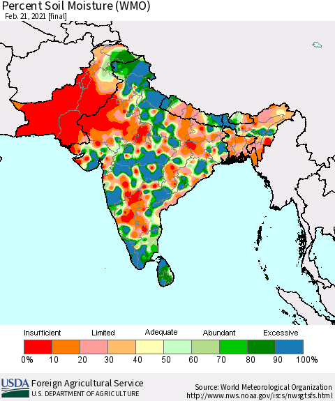 Southern Asia Percent Soil Moisture (WMO) Thematic Map For 2/15/2021 - 2/21/2021