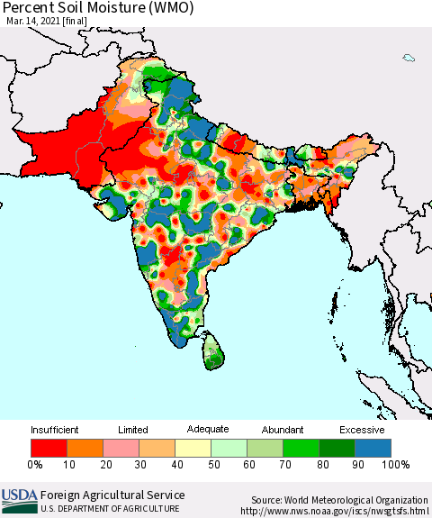 Southern Asia Percent Soil Moisture (WMO) Thematic Map For 3/8/2021 - 3/14/2021