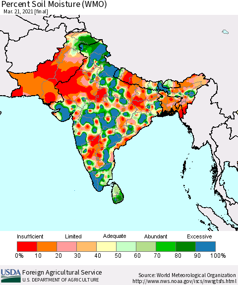 Southern Asia Percent Soil Moisture (WMO) Thematic Map For 3/15/2021 - 3/21/2021