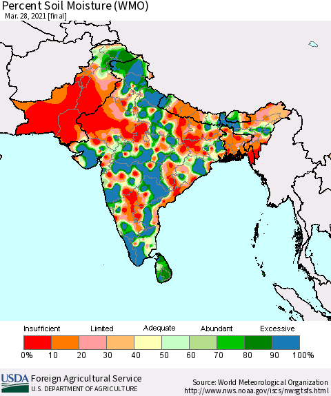 Southern Asia Percent Soil Moisture (WMO) Thematic Map For 3/22/2021 - 3/28/2021