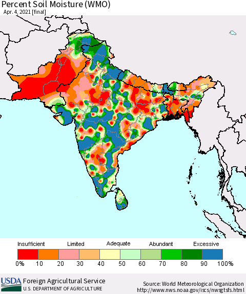 Southern Asia Percent Soil Moisture (WMO) Thematic Map For 3/29/2021 - 4/4/2021