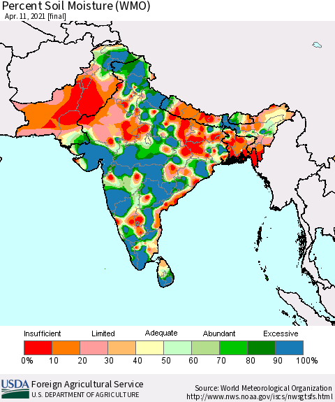 Southern Asia Percent Soil Moisture (WMO) Thematic Map For 4/5/2021 - 4/11/2021