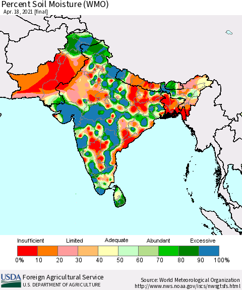 Southern Asia Percent Soil Moisture (WMO) Thematic Map For 4/12/2021 - 4/18/2021