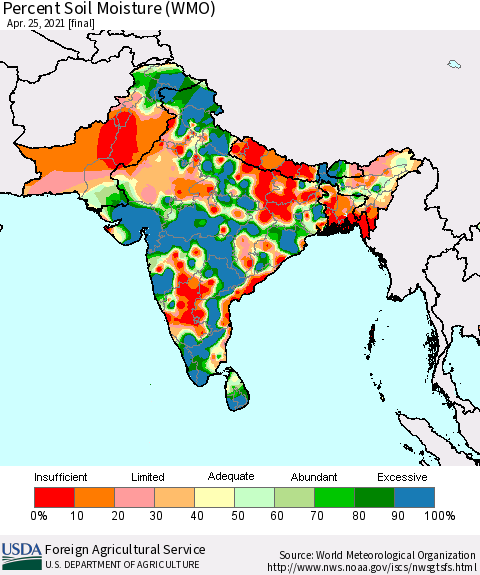 Southern Asia Percent Soil Moisture (WMO) Thematic Map For 4/19/2021 - 4/25/2021