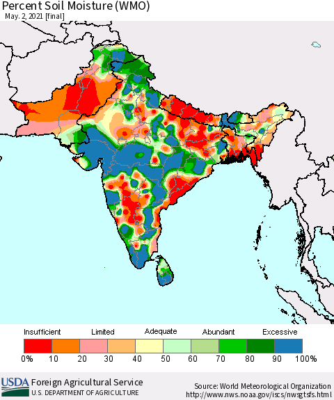 Southern Asia Percent Soil Moisture (WMO) Thematic Map For 4/26/2021 - 5/2/2021