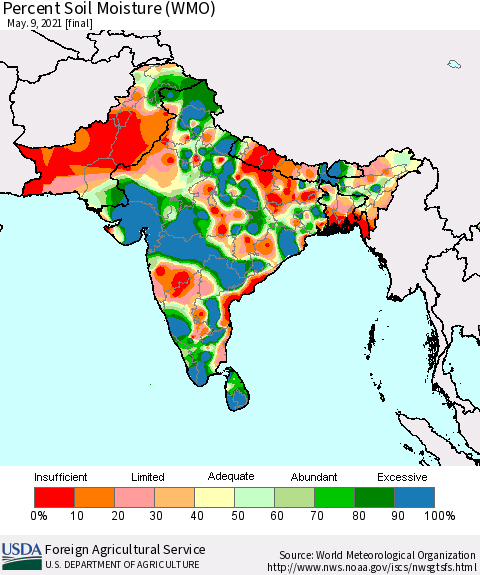 Southern Asia Percent Soil Moisture (WMO) Thematic Map For 5/3/2021 - 5/9/2021